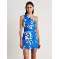Jag Pure Linen Printed One Shoulder Mini Dress Blue