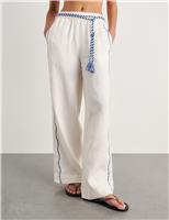 Jag Pure Linen Embroidered Straight Leg Trousers White