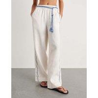 Jag Pure Linen Embroidered Straight Leg Trousers White