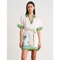 Jag Linen Blend Printed Belted Mini Shirt Dress Ivory