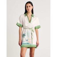 Jag Linen Blend Printed Belted Mini Shirt Dress Ivory