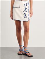 Jag Pure Linen Embroidered Mini Wrap Skirt White