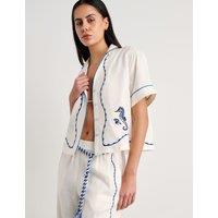 Jag Pure Linen Seahorse Embroidery Cropped Shirt White