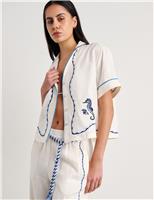 Jag Pure Linen Seahorse Embroidery Cropped Shirt White