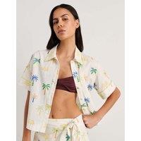 Jag Linen Rich Palm Print Collared Shirt Soft White