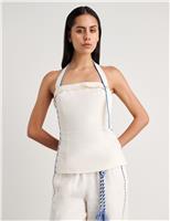 Pure Linen Embroidered Halter Neck Top