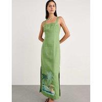Jag Pure Linen Printed Strappy Maxi Column Dress Green