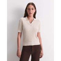 Sportscraft Pure Cotton Pointelle Knitted Polo Top Cream