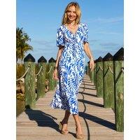 SOSANDAR Floral V-Neck Ruched Midi Tea Dress Blue Mix