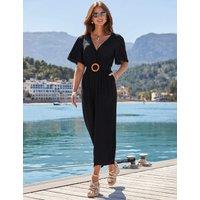 SOSANDAR Belted Angel Sleeve Cropped Wrap Jumpsuit Black