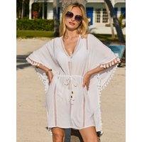 SOSANDAR V-Neck Tassel Detail Knee Length Beach Dress White