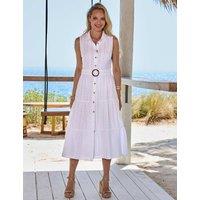 SOSANDAR Pure Cotton Textured Belted Midi Shirt Dress White
