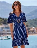 Spot Print Hoop Detail Mini Smock Dress