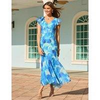 SOSANDAR Sheer Floral V-Neck Empire Line Midi Waisted Dress Blue Mix