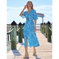 SOSANDAR Paisley V-Neck Ring Front Angel Sleeve Midi Tea Dress Blue Mix