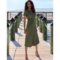 SOSANDAR Textured Ruched Button Through Midi Shirt Dress Khaki