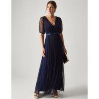 Monsoon Mesh V-Neck Sheer Sleeve Maxi Skater Dress Navy