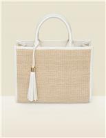 SOSANDAR Raffia Contrast Trim Tassel Tote Bag Ivory