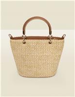 SOSANDAR Raffia Braided Handle Cross Body Bag Natural