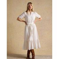 Joules Pure Cotton Broderie V-Neck Midi Shirt Dress White