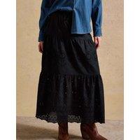Joules Pure Cotton Broderie Maxi Tiered Skirt Black