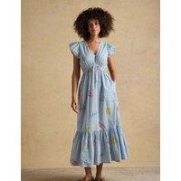 Joules Pure Cotton Printed Maxi Tiered Dress Blue Mix