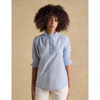 Joules Pure Cotton Striped Frill Detail Blouse Blue Mix