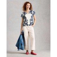 White Stuff Pure Cotton Floral Striped T-Shirt Navy Mix
