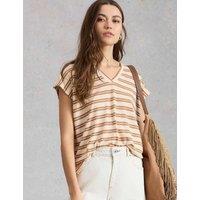 White Stuff Linen Blend Striped Lace Insert T-Shirt Brown Mix