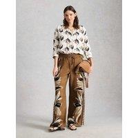 White Stuff Pure Linen Printed Wide Leg Trousers Brown Mix
