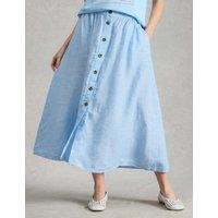 White Stuff Pure Linen Button Front Midi A-Line Skirt Blue
