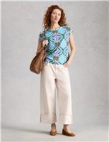 White Stuff Pure Linen Geometric T-Shirt Blue Mix