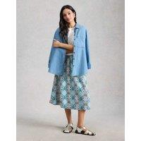 White Stuff Linen Rich Printed Midi A-Line Skirt Blue Mix