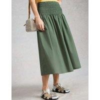White Stuff Pure Cotton Shirred Midi A-Line Skirt Green