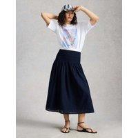 White Stuff Pure Cotton Shirred Midi A-Line Skirt Navy