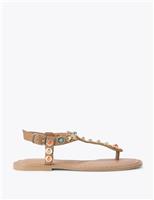 Suede Embellished T-Bar Flat Sandals