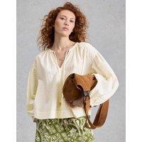 White Stuff Pure Cotton Textured Tie Neck Top Natural