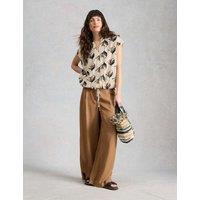 White Stuff Linen Rich Printed Notch Neck Tie Detail Top White Mix