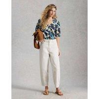 White Stuff Pure Linen Printed V-Neck Top Navy Mix