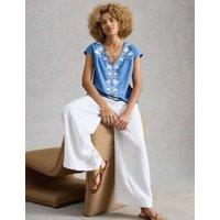 White Stuff Pure Cotton Embroidered Floral Lace Insert Top Blue