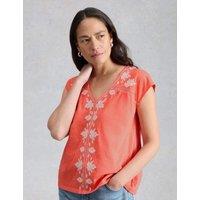 White Stuff Pure Cotton Embroidered Floral Lace Insert Top Red Mix
