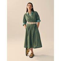 White Stuff Pure Cotton V-Neck Midi Waisted Dress Green
