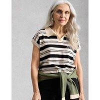 White Stuff Cotton Rich Striped Polo Shirt with Linen White Mix