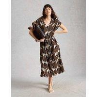 White Stuff Linen Rich Floral V-Neck Midi Waisted Dress Brown Mix