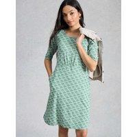 White Stuff Jersey Printed Mini Waisted Dress Teal Mix