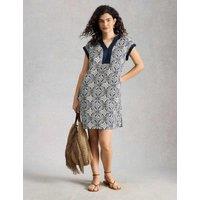 White Stuff Pure Linen Printed Mini Shift Dress Navy Mix