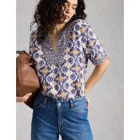 White Stuff Linen Rich Printed Notch Neck Top White Mix