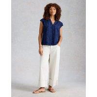 White Stuff Pure Cotton Embroidered Notch Neck Blouse Blue