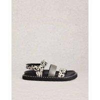White Stuff Leather Hair On Animal Print Footbed Sandals Black Mix