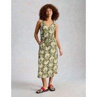 White Stuff Pure Cotton Jersey Printed Midi Waisted Dress Green Mix